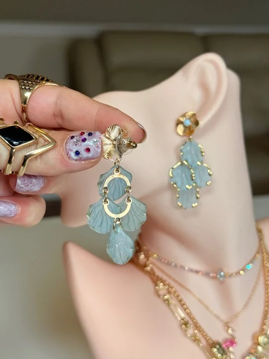 Gold-Tone Blue Leaf Drop Earrings - Picture 6 of 9